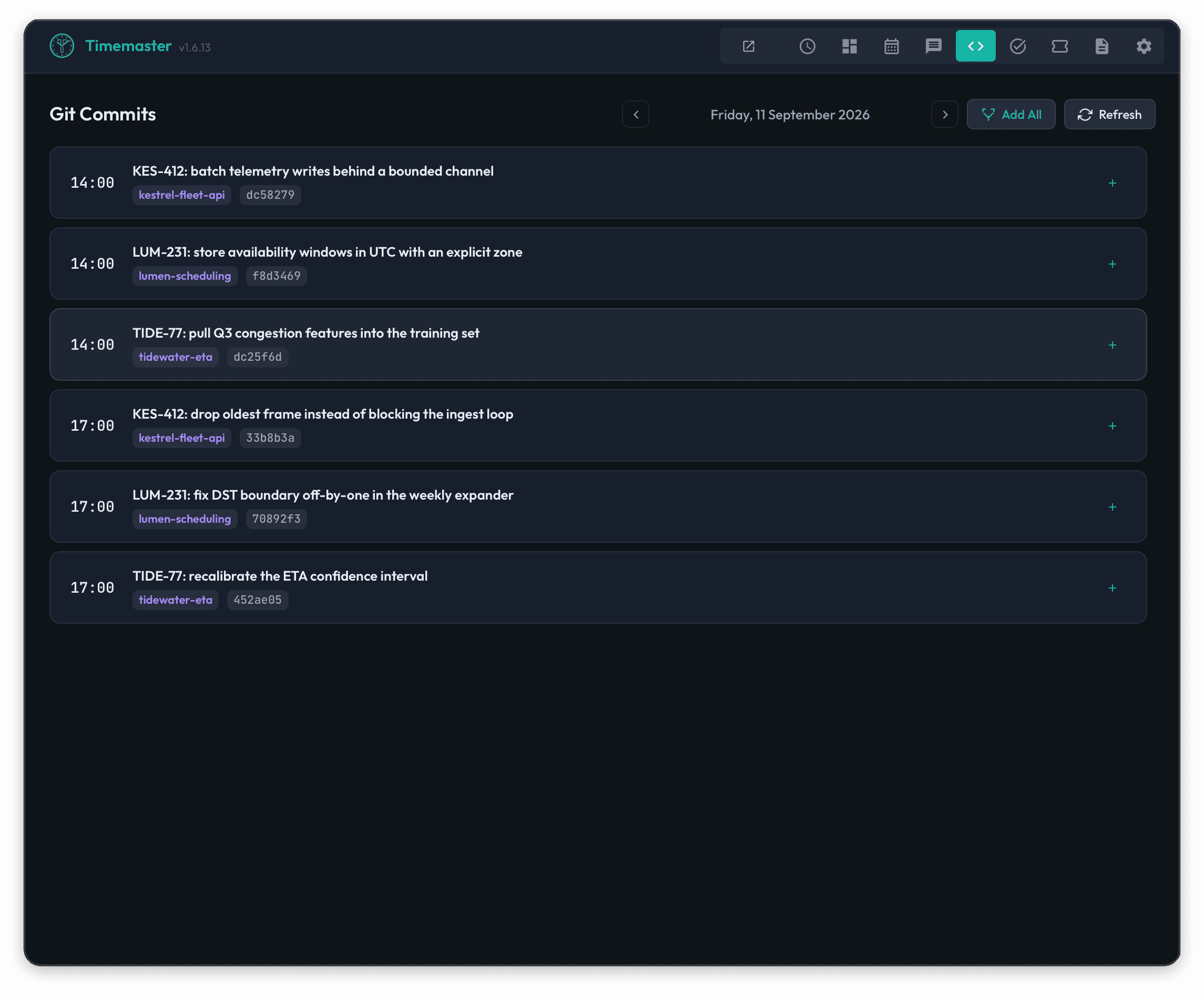 Timemaster desktop app showing Git commits with ticket references, repository labels, hashes, and timestamps.