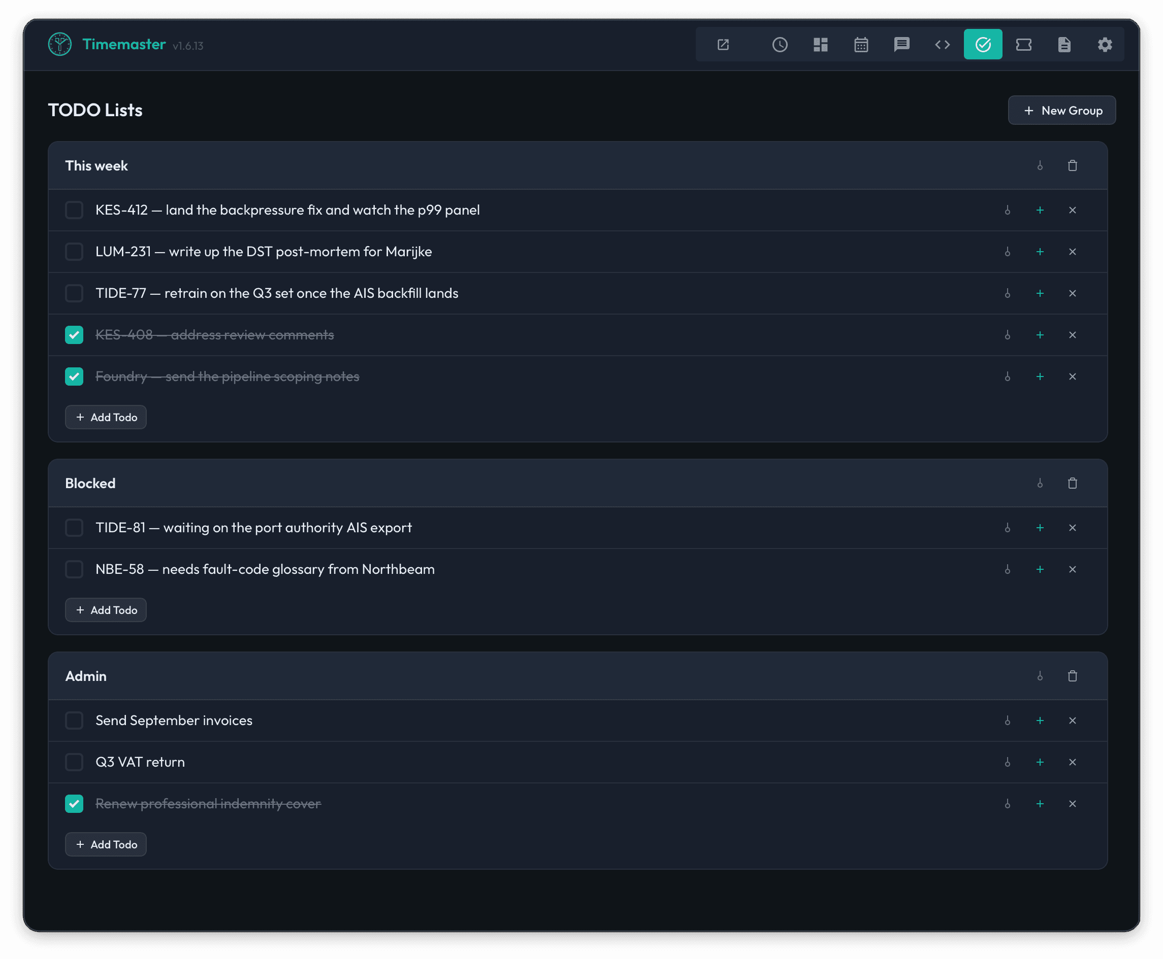 Timemaster desktop app showing sample todo groups for this week, blocked work, and administration with completed and open tasks.