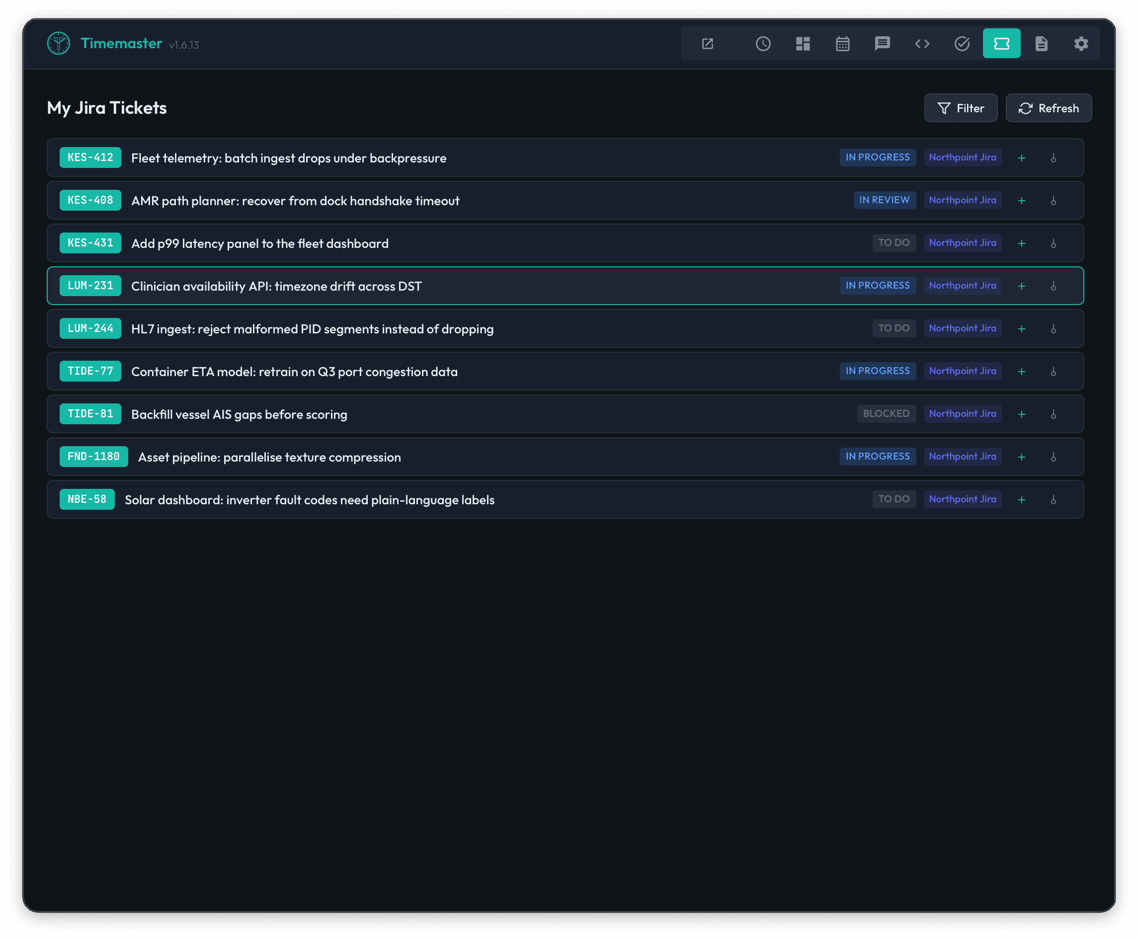 Timemaster desktop app showing Jira tickets with identifiers, summaries, statuses, and integration labels.