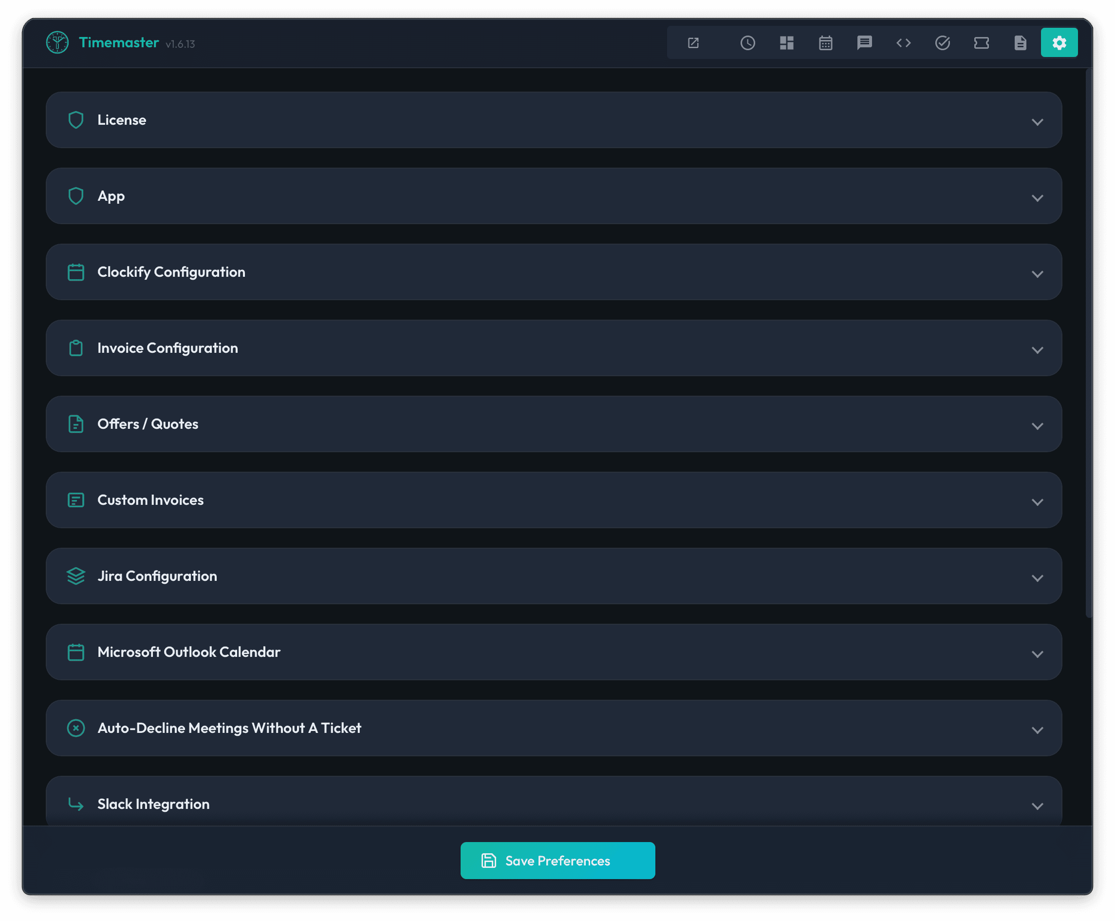 Timemaster desktop app settings showing expandable sections for Clockify, invoices, Jira, Outlook Calendar, and Slack.