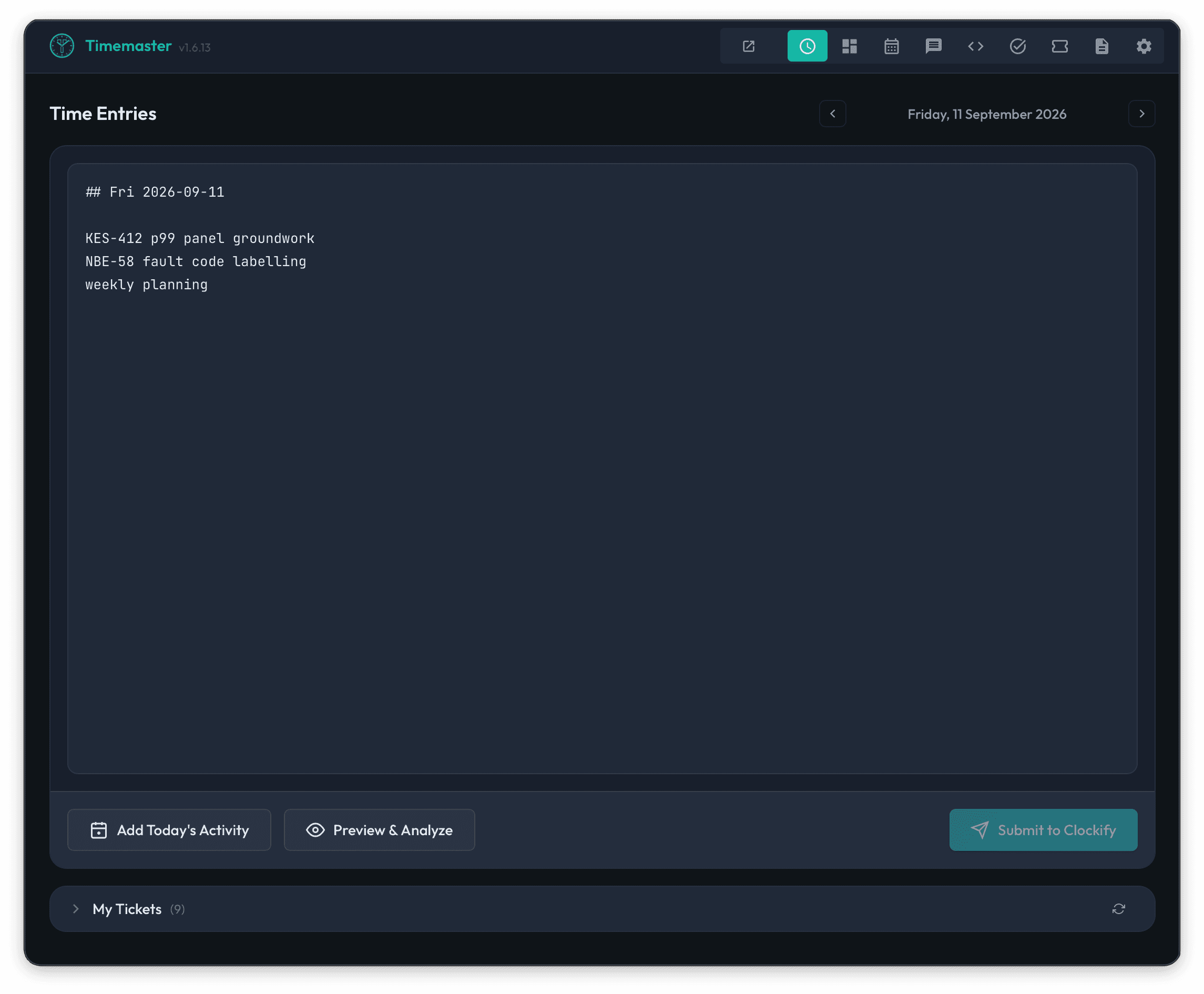 Timemaster desktop app time-entry editor containing sample ticket work and planning notes with activity and analysis controls.