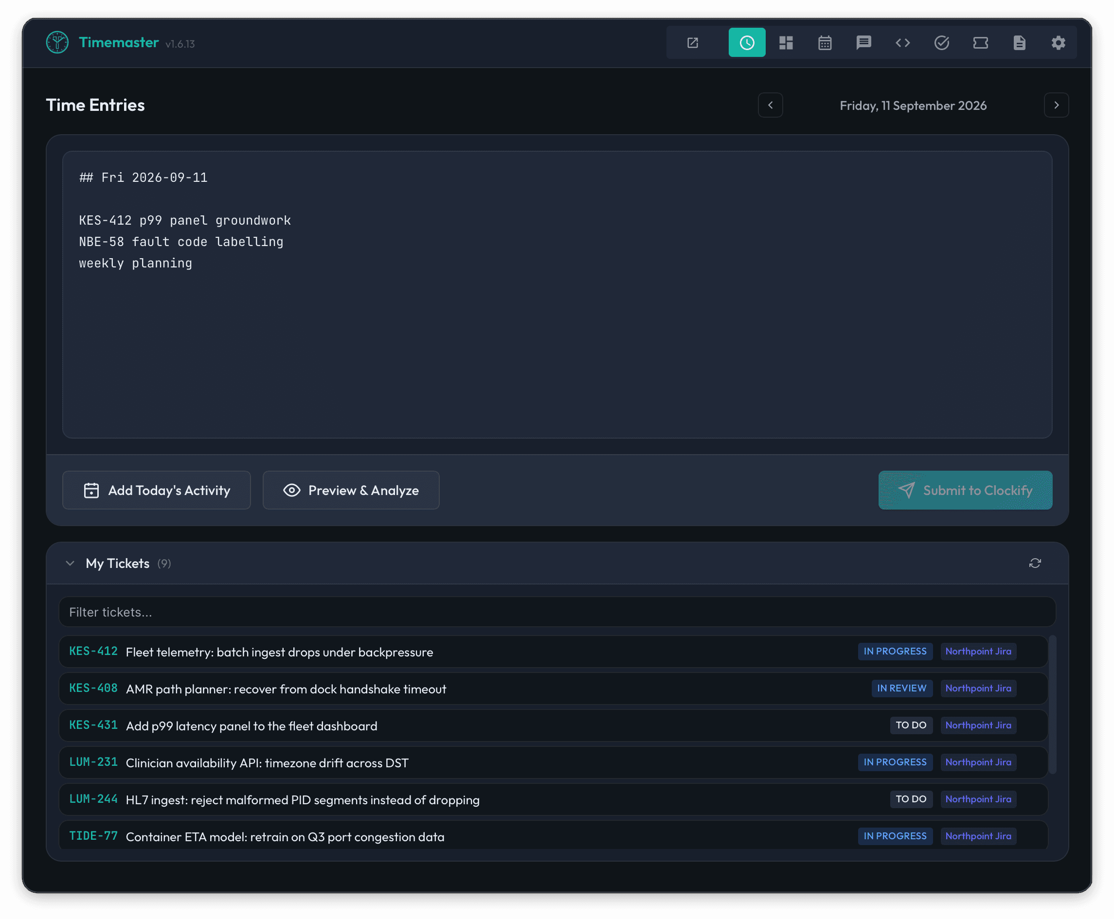 Timemaster desktop app time-entry editor with an expanded list of Jira tickets beneath the daily notes.