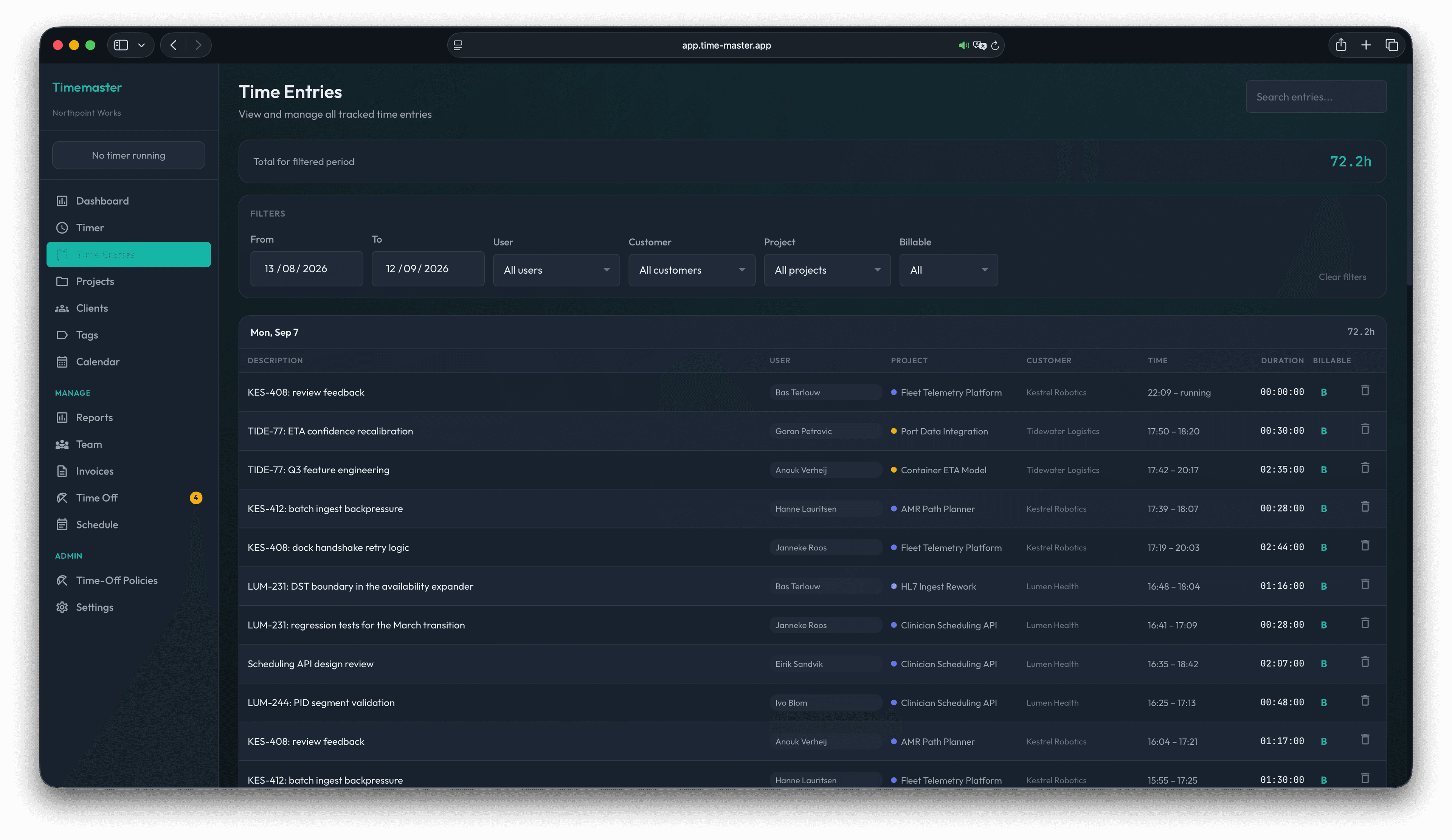Timemaster web team tracker showing a filterable table of sample time entries with users, projects, clients, durations, and billing status.