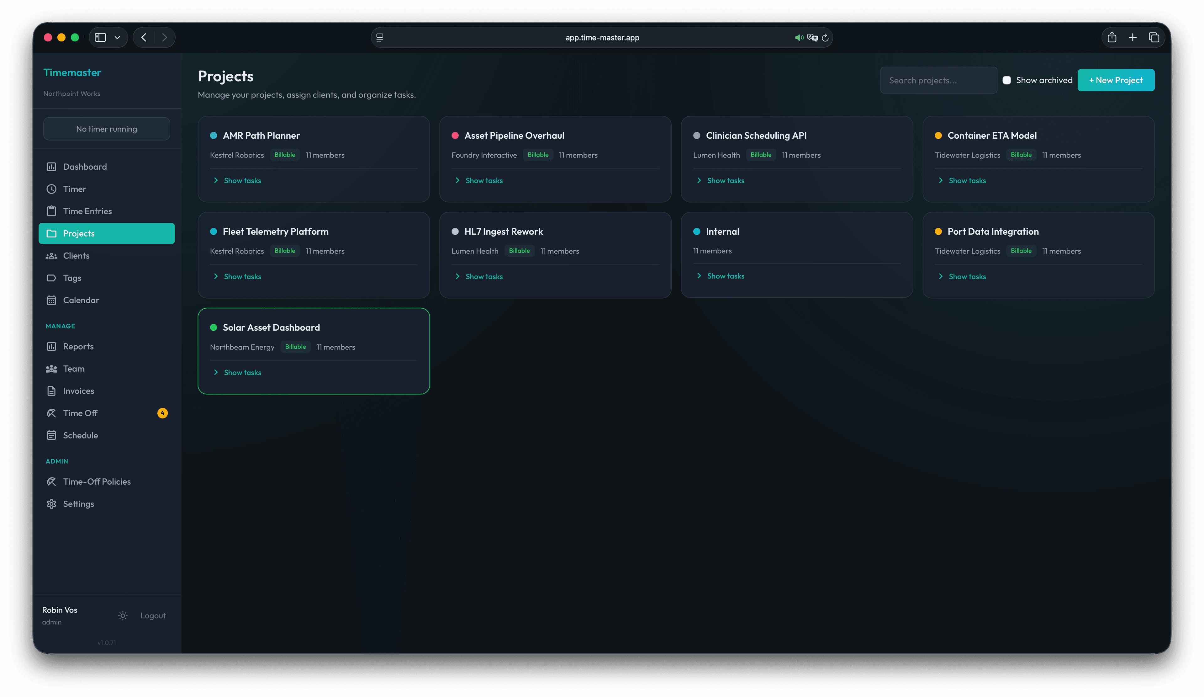 Timemaster web team tracker showing sample project cards with client names, billing state, member counts, and task controls.
