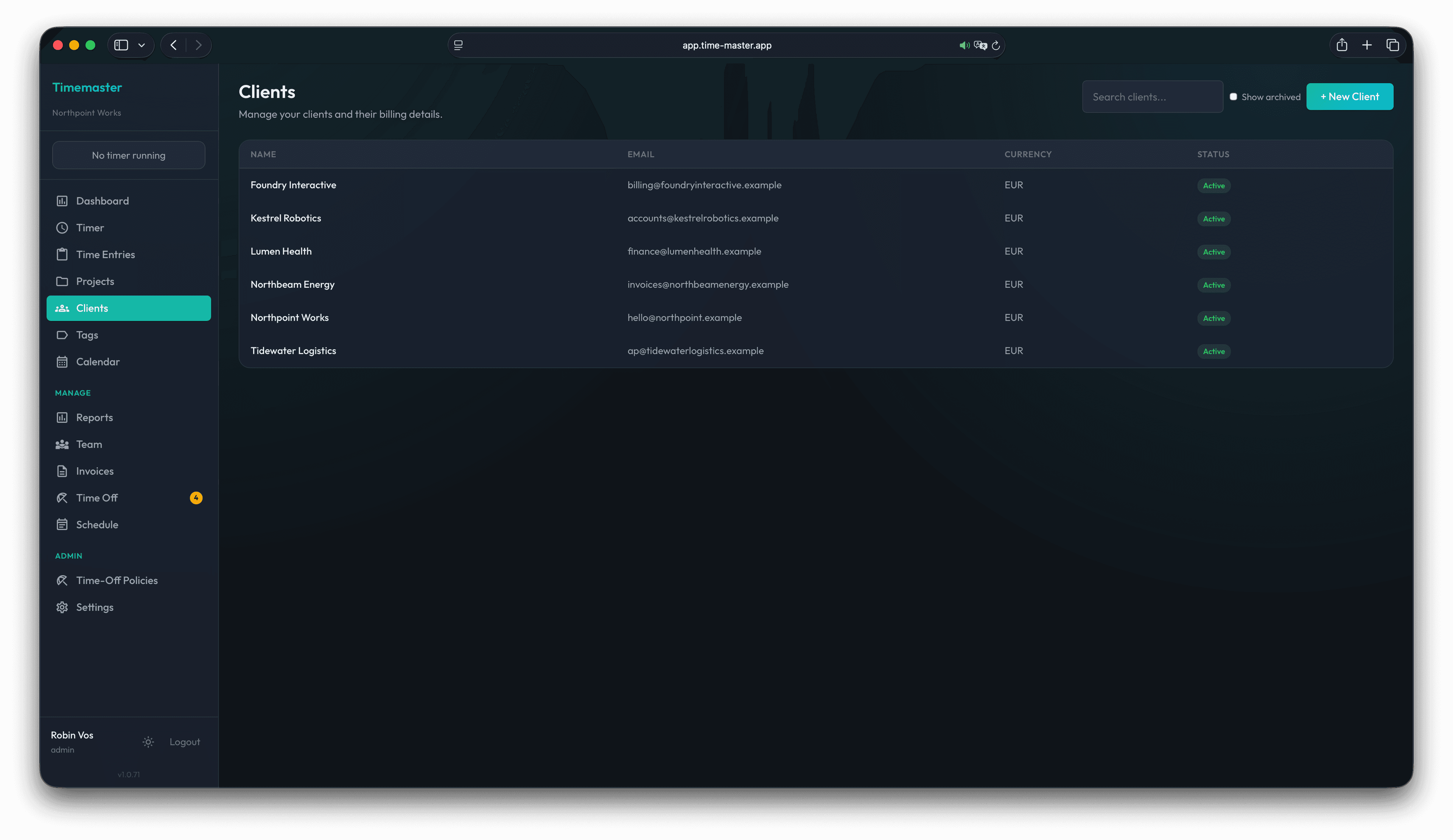 Timemaster web team tracker showing a sample client table with example email addresses, currencies, and active statuses.