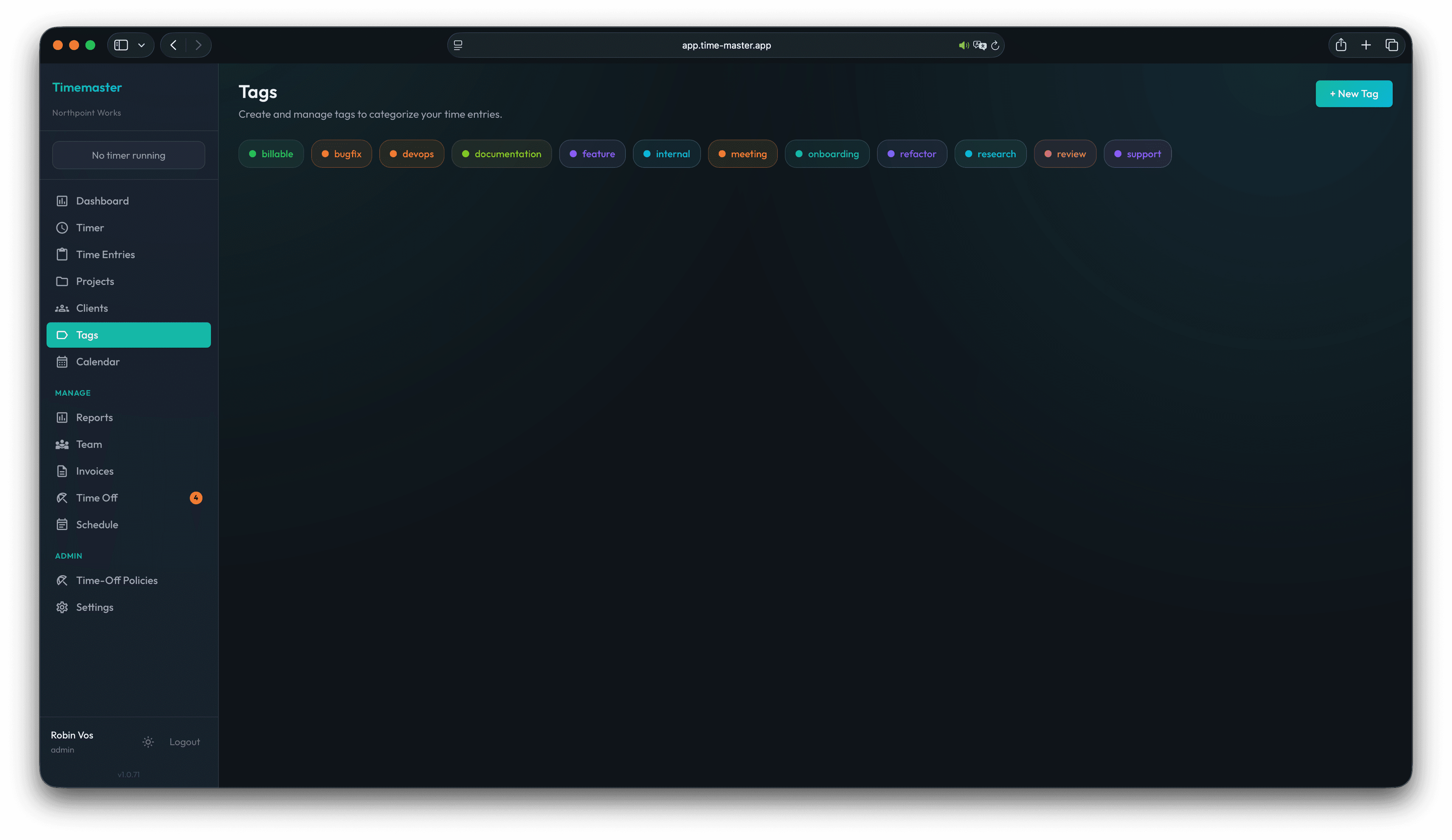 Timemaster web team tracker showing colored tags for billable work, bug fixes, documentation, meetings, research, and support.