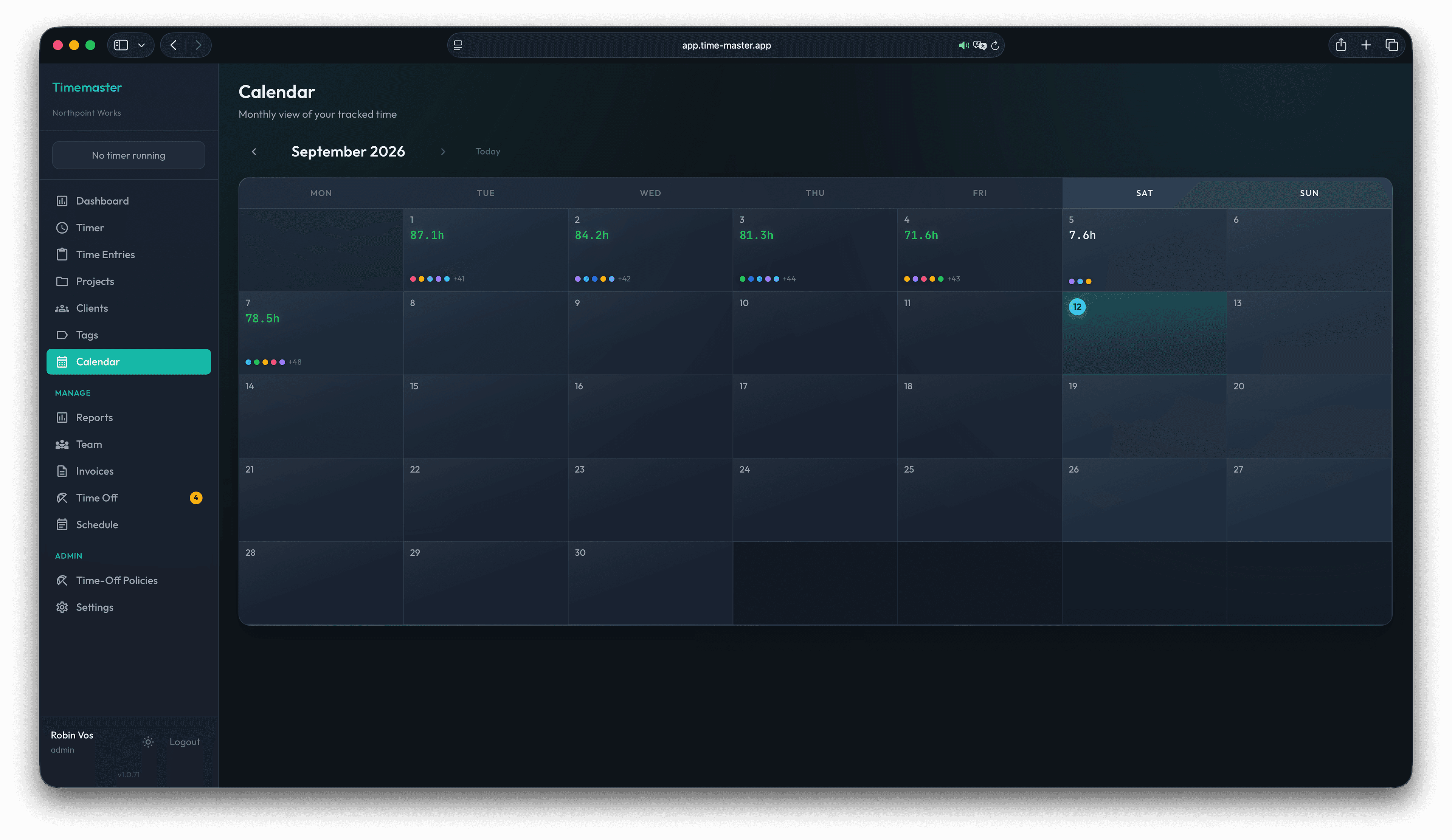 Timemaster web team tracker calendar for September 2026 showing sample daily team hours and colored project indicators.