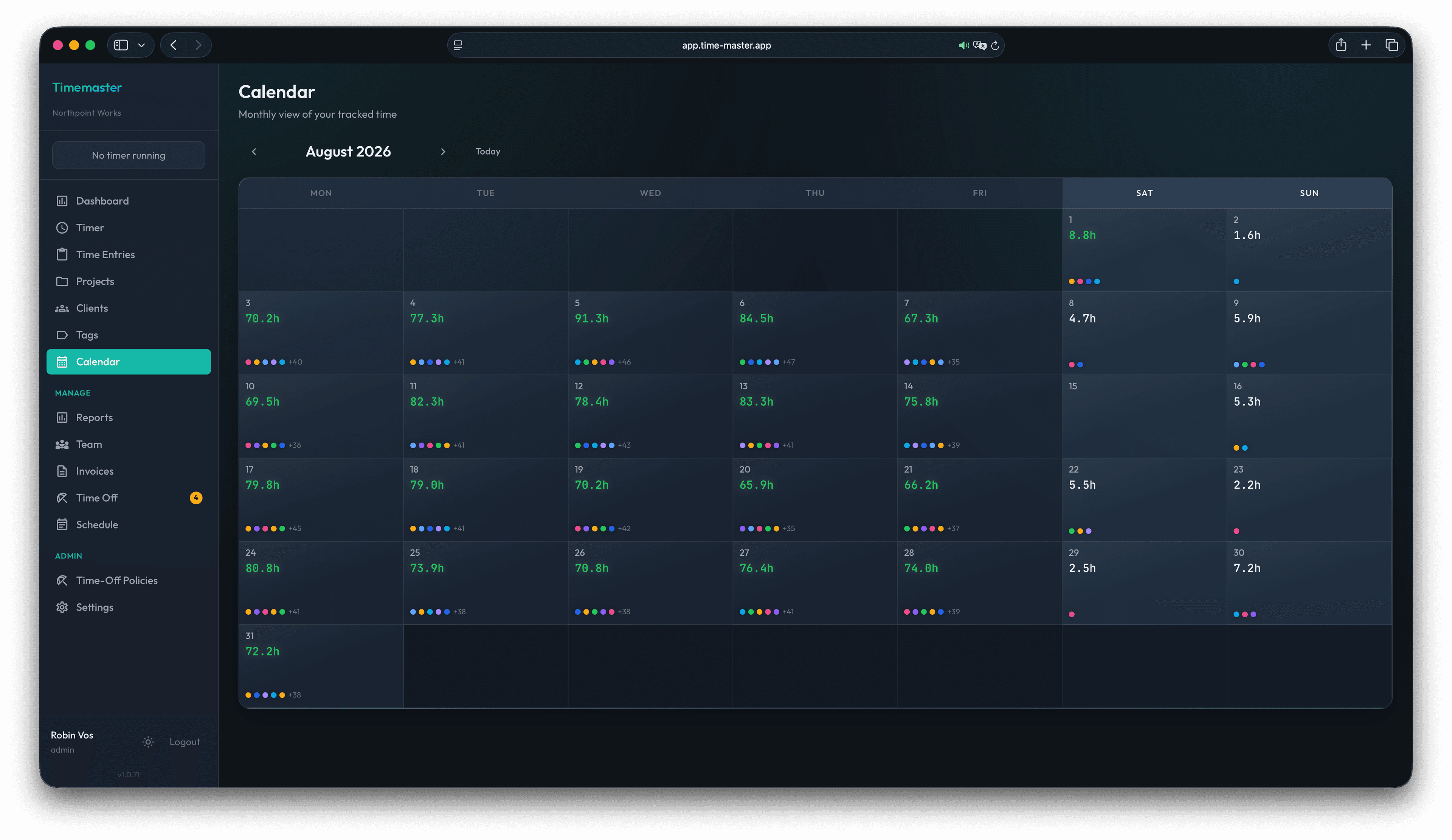 Timemaster web team tracker calendar for August 2026 filled with sample daily hours and project activity markers.
