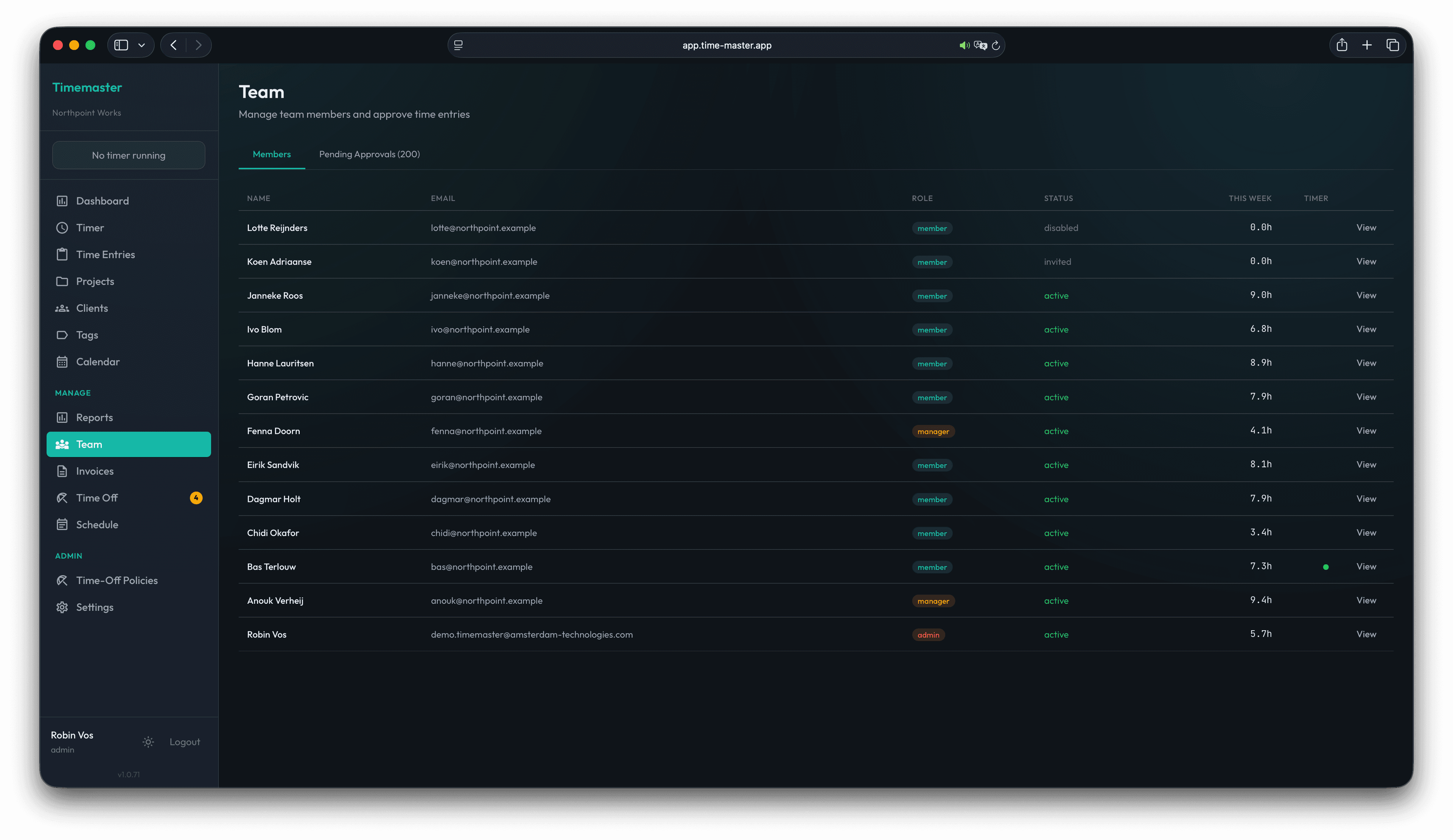 Timemaster web team tracker showing sample members with example emails, roles, account statuses, weekly hours, and timer state.