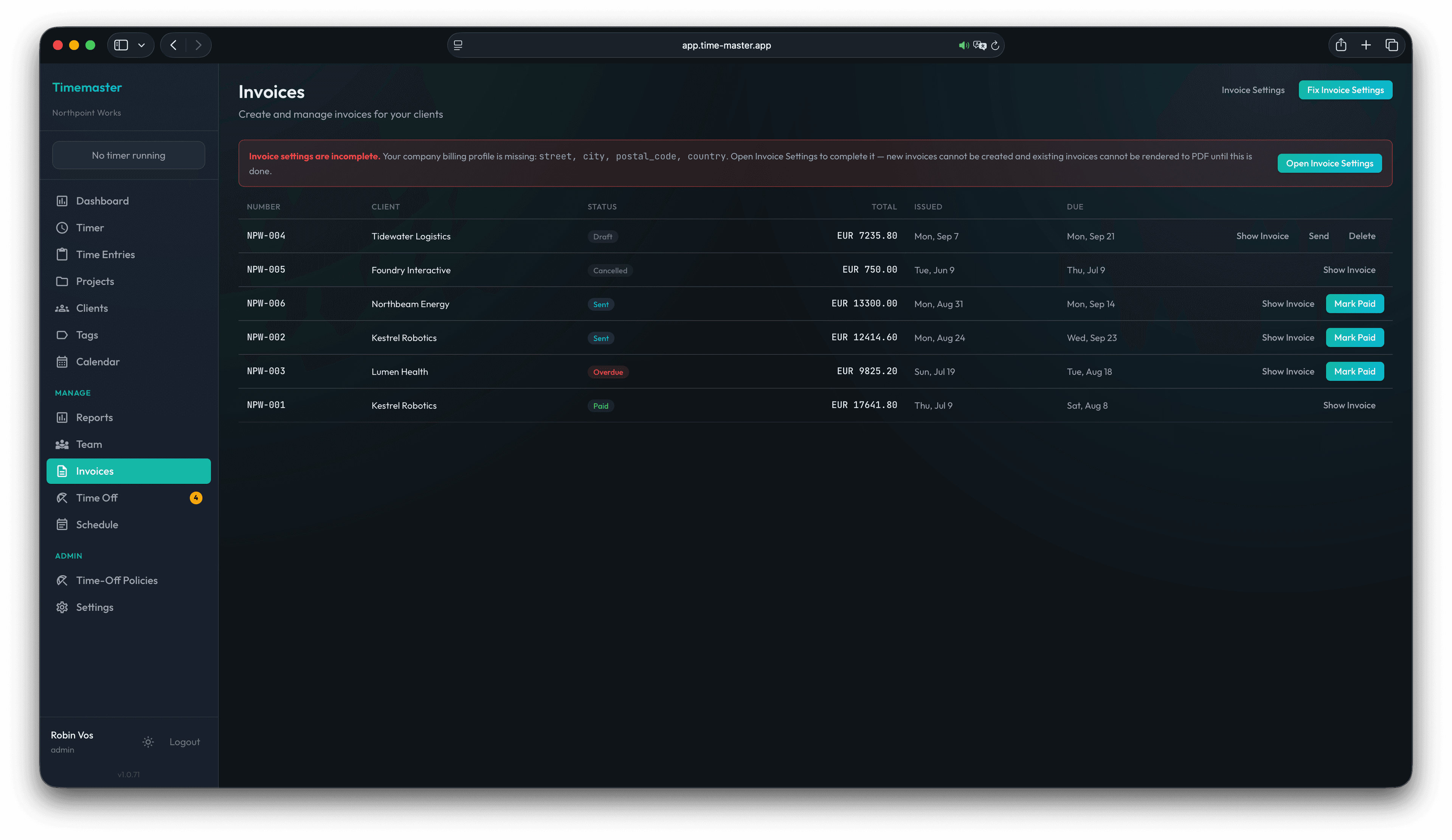 Timemaster web team tracker showing sample invoices with clients, draft, sent, overdue, paid, and cancelled statuses.