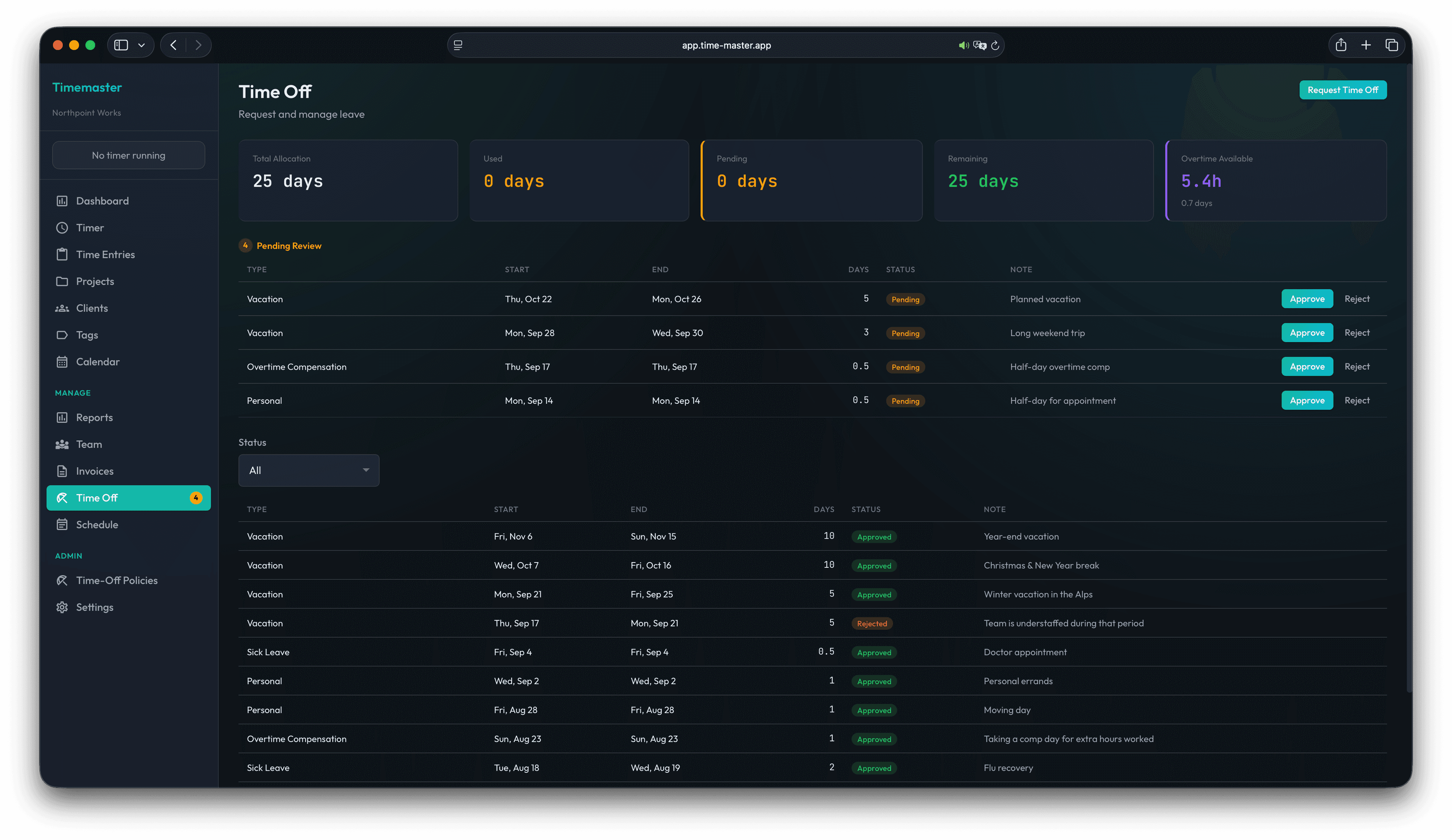 Timemaster web team tracker showing sample leave balances, pending requests, approval controls, and time-off history.