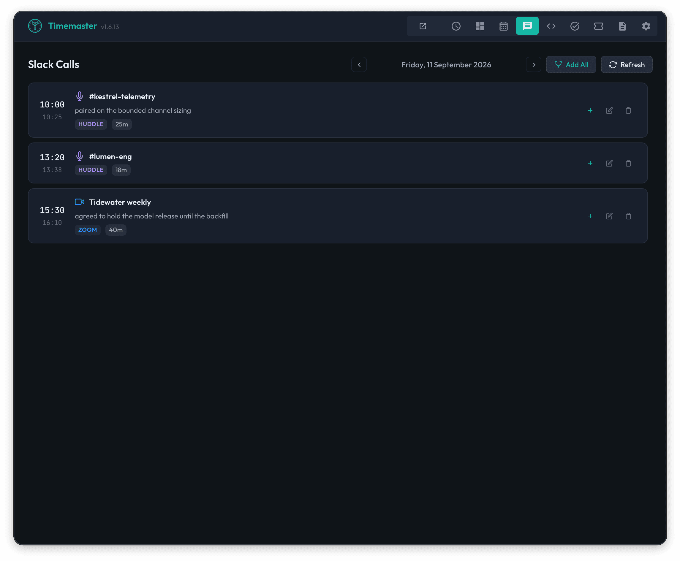 Timemaster desktop app showing Slack huddles and a Zoom call with times, durations, and notes.