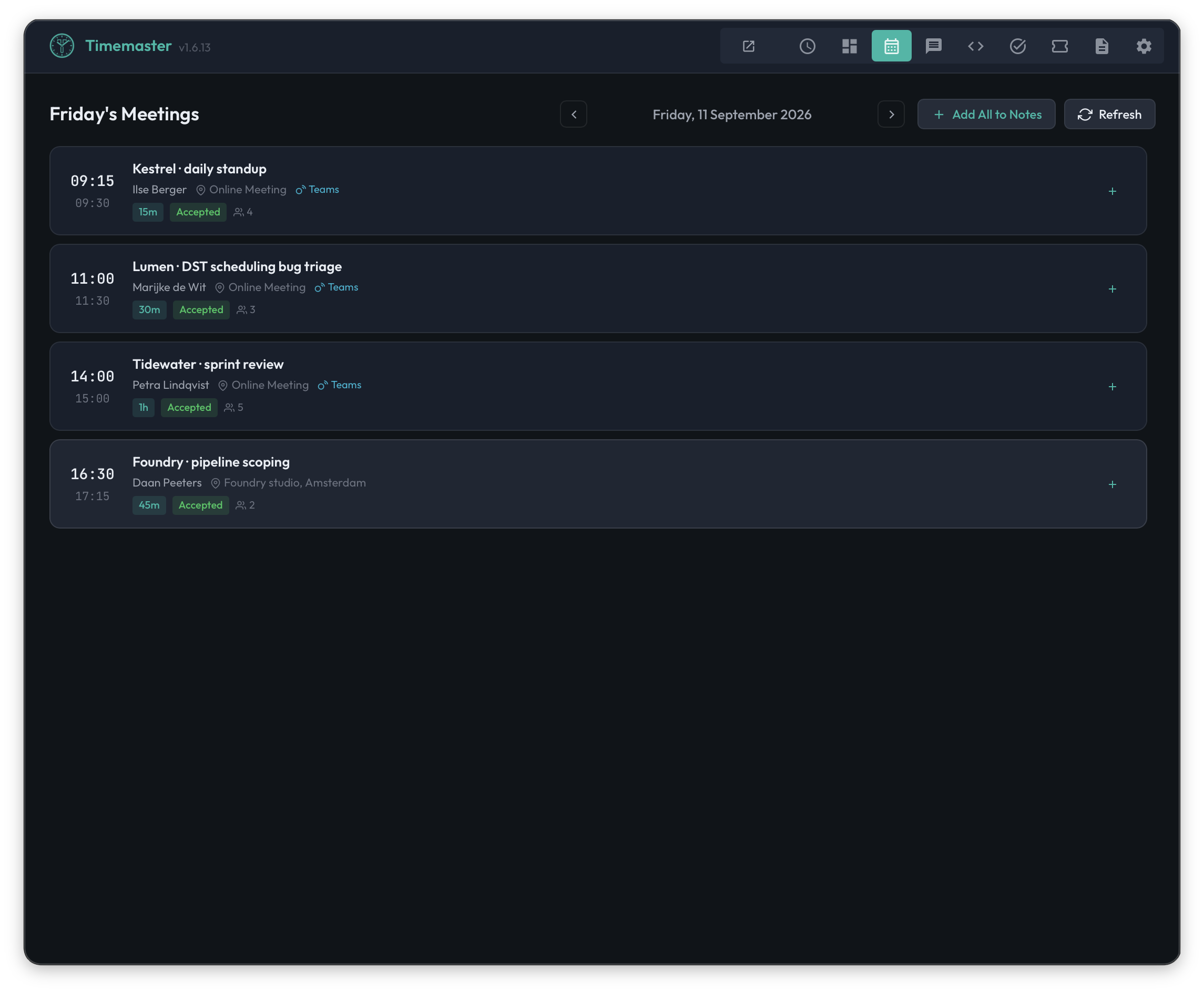 Timemaster desktop app showing four Friday meetings with times, organizers, locations, durations, and attendance.