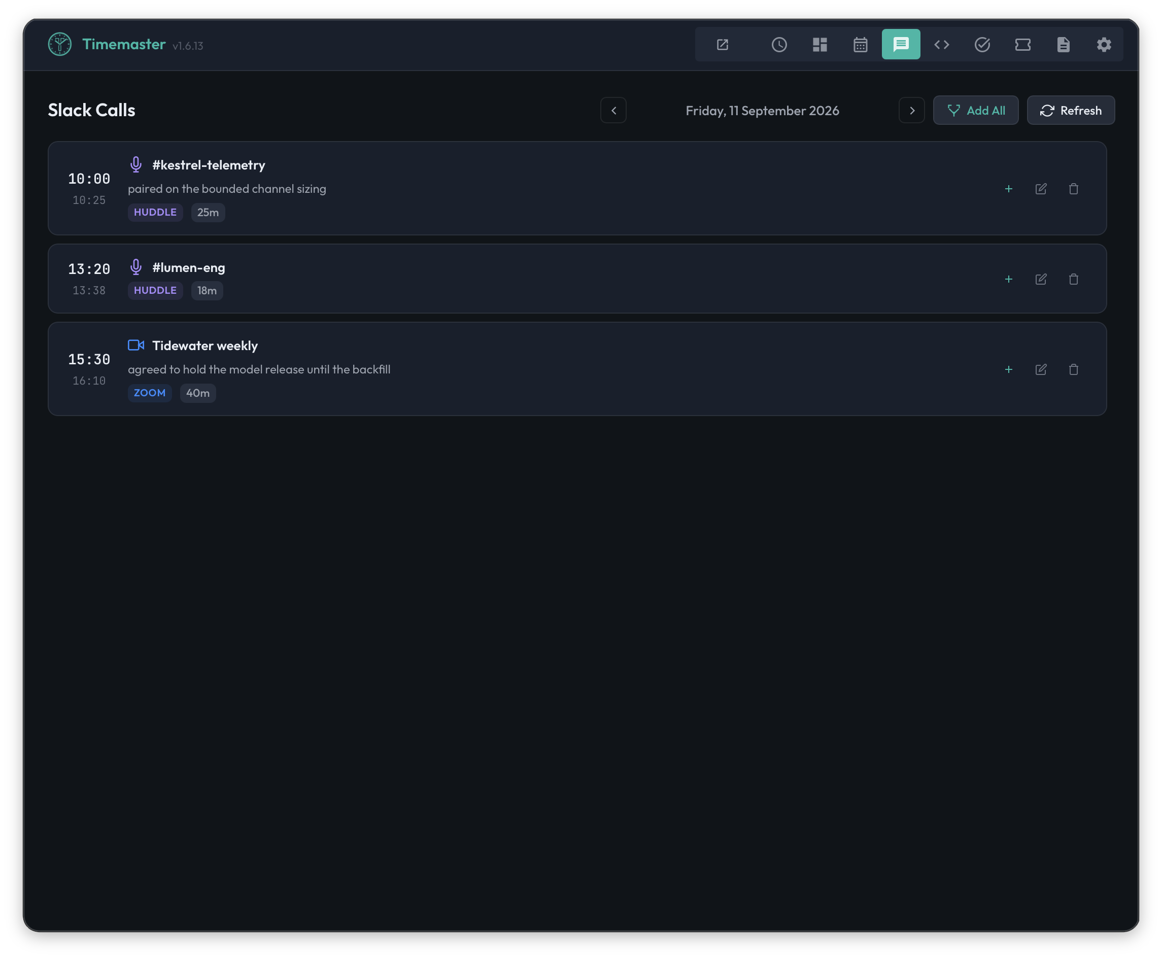 Timemaster desktop app showing Slack huddles and a Zoom call with times, durations, and notes.