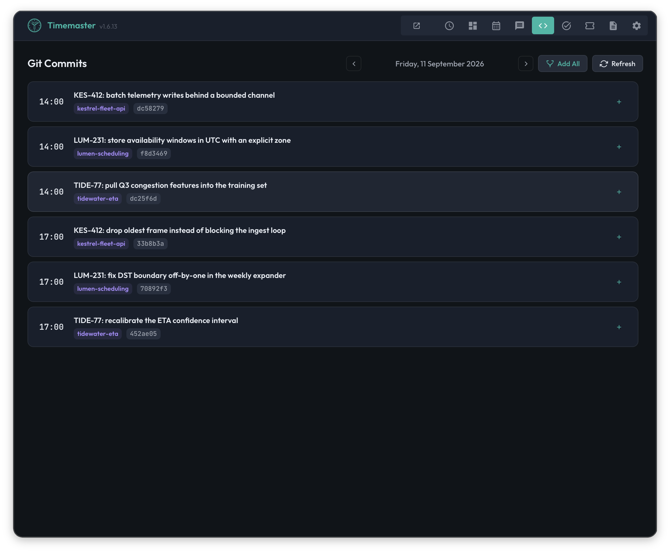 Timemaster desktop app showing Git commits with ticket references, repository labels, hashes, and timestamps.