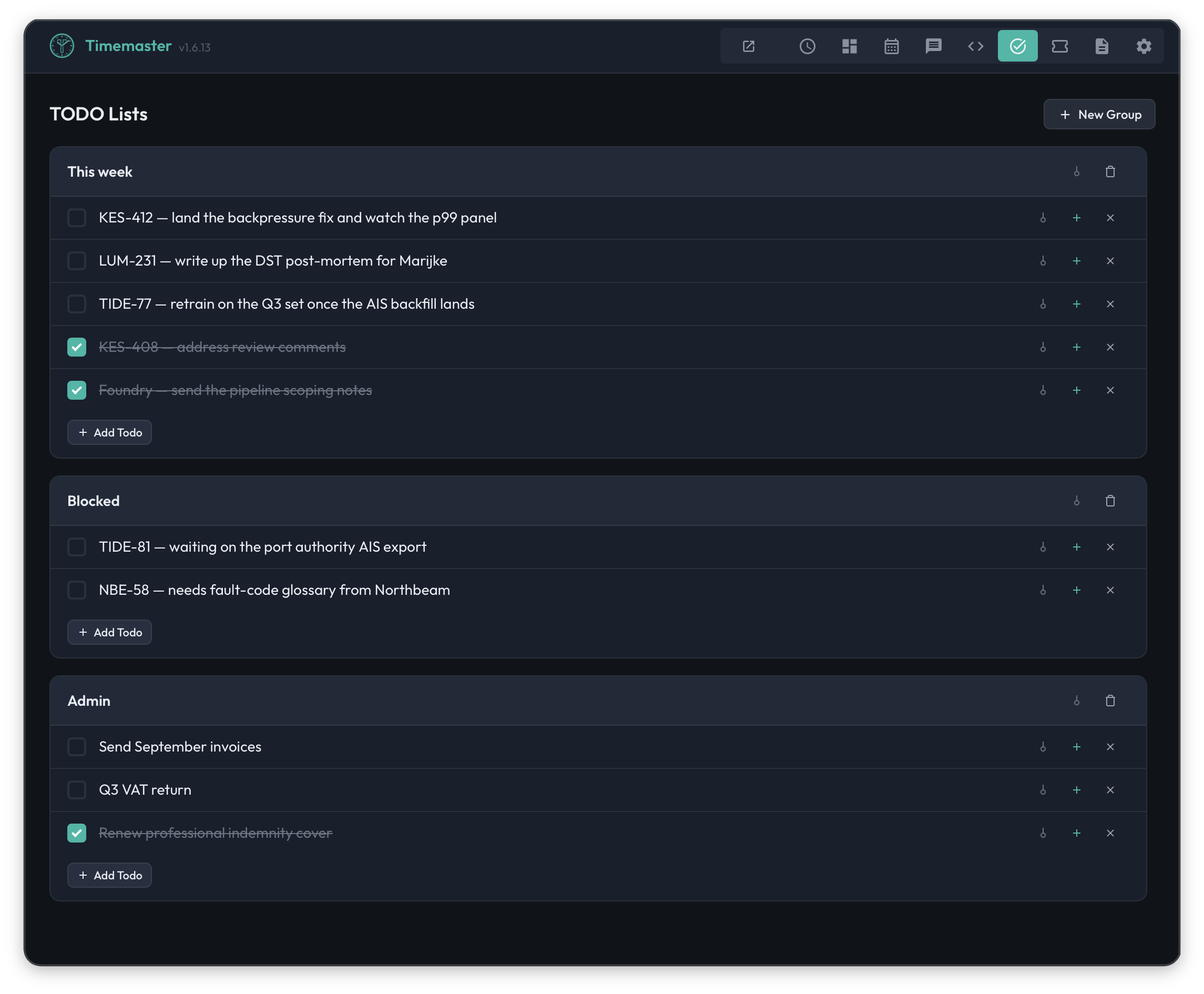 Timemaster desktop app showing sample todo groups for this week, blocked work, and administration with completed and open tasks.