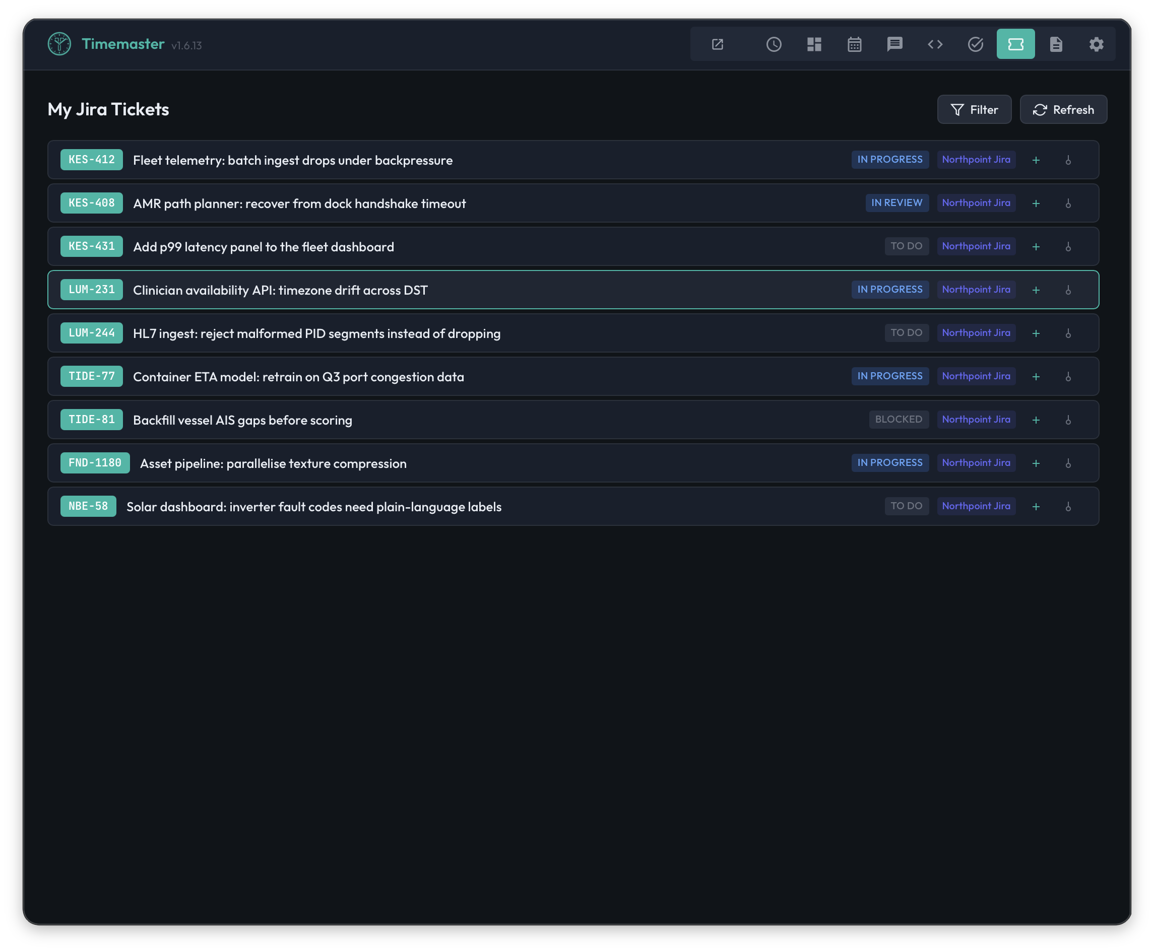 Timemaster desktop app showing Jira tickets with identifiers, summaries, statuses, and integration labels.